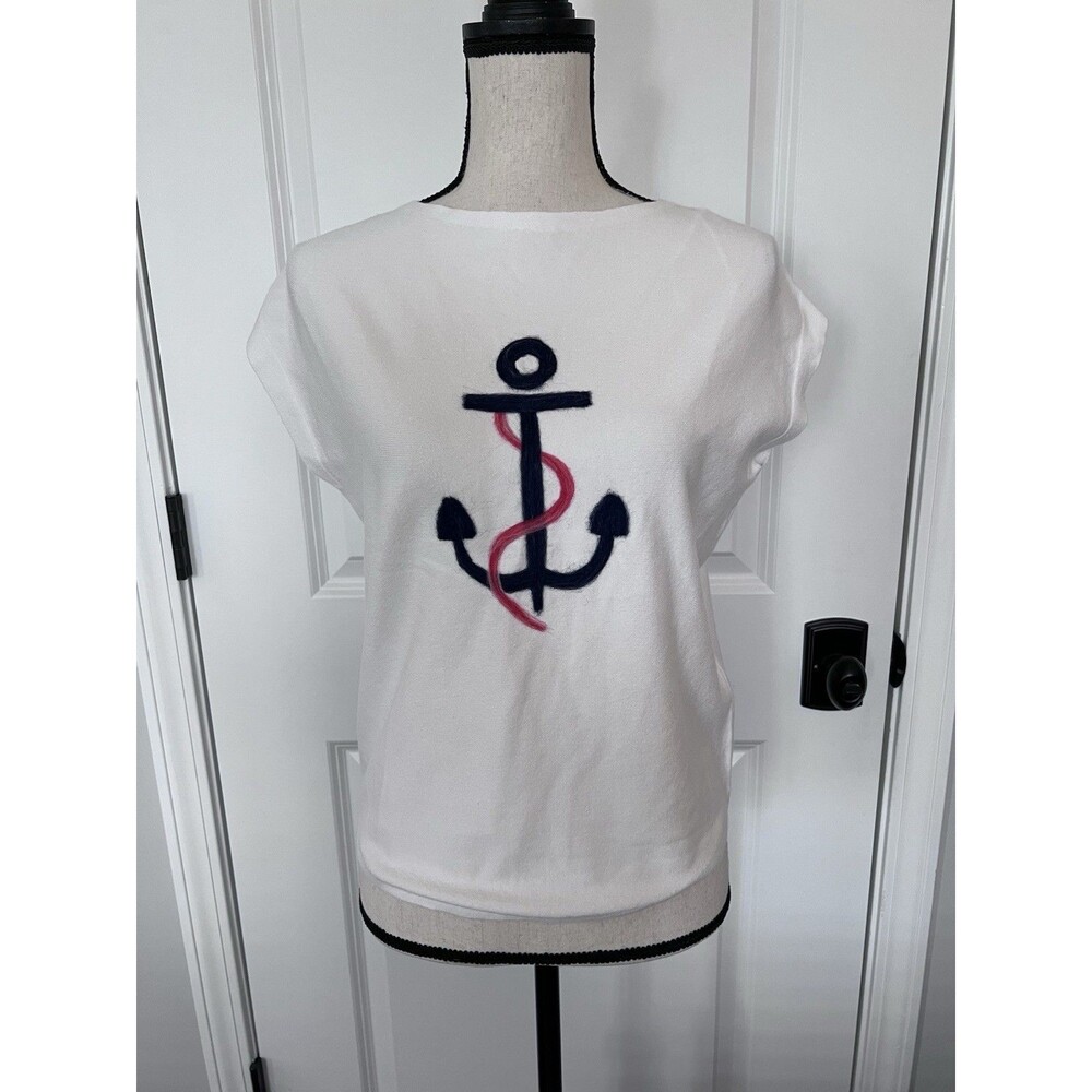 NWT Aaeda Embroidered Anchor Short Sleeve Sweater White Size XS